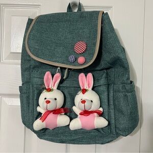 Nishat Linen Dames Sac Girls Kids Bunny Backpack - Green and Pink Canvas